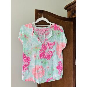 LILLY PULITZER Women's XXS Duval‎ 100% Linen Beachy Floral Resort Tropical Top